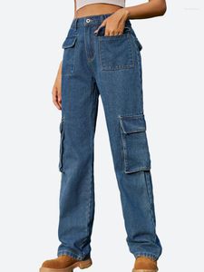 Kvinnors jeans benuynffy lastbyxor för kvinnor hög midja avslappnad streetwear rak ben baggy y2k pojkvän byxor med 6 fickor