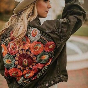 Damenjacken JSXDHK Streetwear Blumenstickerei Jeansjacke Mantel Vintage Frauen Frühling Herbst Umlegekragen Lose Lässige Cowboy Outwear 231010