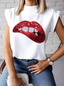 Kvinnors T-skjortor Yeezzi Kvinnliga koreanska modeläpp Applique High-Neck Tops 2023 Summer Cap Hylsa Simple Casual Going Out T-shirts för kvinnor