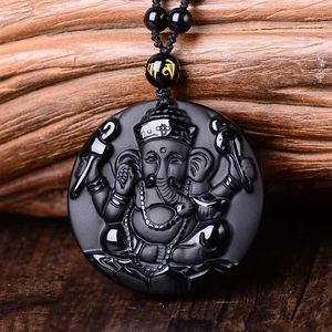 Naturlig svart obsidian snidad ganesh elefant lyckliga hängen halsband fin sten kristall mode kvinna man amulet smycken1272t