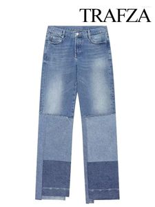 Jeans femininos trafza mulheres moda início outono denim calças vintage botão casual all-match cintura baixa assimétrica retalhos streetwear