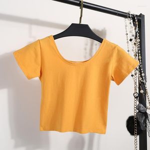 Kvinnors t-skjortor sträcker kvinnor bomull sexig u nack skörd topp flickor kort ärm kvinnlig mode fast färg tee midriff-baring t-shirt