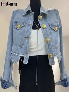 Women's Jackets Women Vintage Long Sleeve Gold Buttons Denim Jacket Female Casual Short Blue Irregular Jean Jackets Coat Streetwear Outerwear 231010