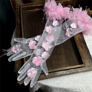 Fem Fingers Glove's Elegant Flower Feather Long Mesh Glove Female Spring Summer Vintage Sunscreen Driving Pograf Party R2117 231010