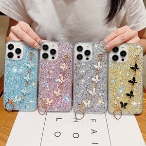 Bling Confetti Butterfly Cases For Iphone 15 Plus 14 Pro Max 13 12 11 XR XS X 8 7 6 With Wrist Chian Strap Heart Love Bracelet Butterfly Foil Sequin Glitter Soft TPU Cover
