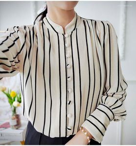 Women's T Shirts Stand Neck Top Silk Velvet Retro Vertical Stripe Printed Puff Long Sleeve Single Breasted Spring High-End