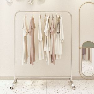 Rack de roupas em aço inoxidável prateado com rodas, móveis para quarto, sacos de roupas, prateleiras de exibição, decoração de casa, cabide de chão, exibição de loja