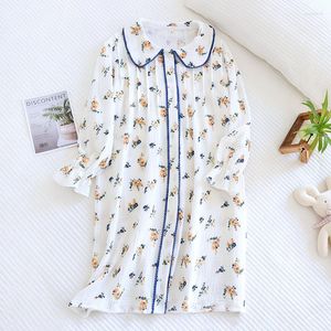 Mulheres sleepwear primavera e verão estilo nightdress japonês bonito pequeno floral manga longa saia bebê pescoço casa vestido