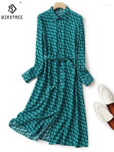 Повседневные платья Birdtree Mulberry Шелковая рубашка Женская свободная одежда с длинным рукавом Элегантное платье трапециевидной формы среднего размера с принтом H и поясом D37453QM