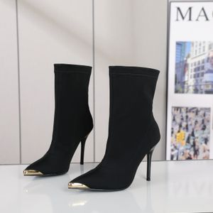 Designer Black Elastic Cloth High Heel Ankle Boots with Pointed Square Sleeve Outsole Boots for Women's Sizes 35-42