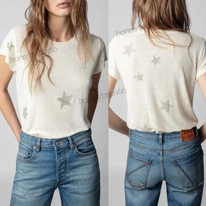 23SS Zadig Voltaire Top Women Designer Fashion Botton T Shirt Nowy Zadigs Wzór gwiazdy Gorące wiercenie Line zaokrąglenia Krótkie rękawowe koszulki Dwa kolory koszulki plażowe