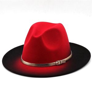 Outono inverno masculino feminino novo spray pintado de lã jazz chapéu com cinto dourado aba larga gradiente cor festa fedora hats2078