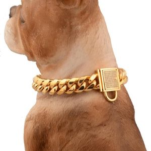 14mm Charm White Rhinestone Lock Buckle Cut Curb Cuban Link 316L Rostfritt stål Guldhundkedja Pet Collar Choker Necklac 12-34QU188B