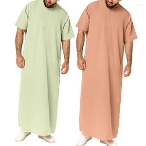 Roupas étnicas Homens Islâmico Árabe Kaftan Robe Vintage Cor Sólida Zíper Manga Curta Solta Jubba Thobe Abaya Dubai Médio Oriente Muçulmano