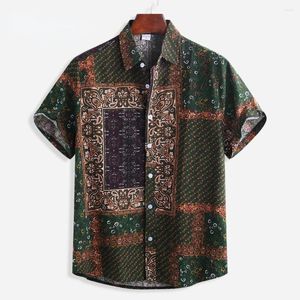 Men's Casual Shirts Breathable Hawaiian Shirt For Mens Ethnic Style Floral Print Color Block Button Up Short Sleeve 4XL 5XL