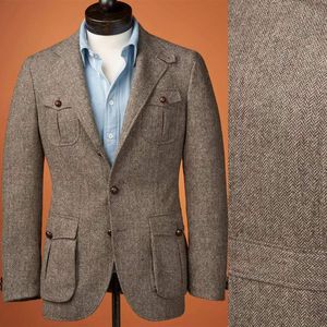 갈색 회색 양모 트위드 겨울 턱시도 남성용 슬림 핏 공식 신랑웨어 재킷 코트 한 조각 만