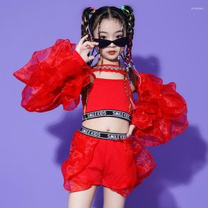 Stage Wear Girls Red Fluffy Sleeve Tops Pants Kpop Suit Hip Hop Performance Festive Clothing Children Jazz Dance Costume