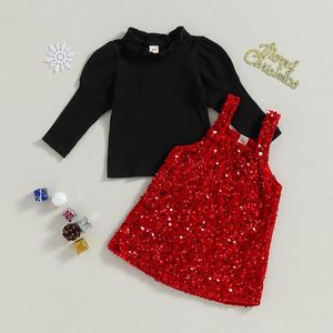 Set di abbigliamento Ragazza per bambini Vestito natalizio Top a maniche lunghe a costine e abito con bretelle con paillettes per vestiti a 2 pezzi autunnali per bambini