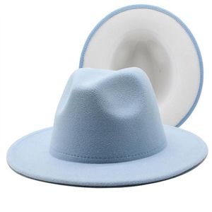 Berets Mens Women Sky Blue White Patchwork Wool Weeld Dazz Fedora Hats Fashion Party Formal Hat Wide Brim Panama Trilby Cap284q