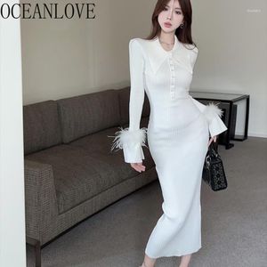 Casual Dresses OCEANLOVE Knitting Women Solid Feathers Autumn Winter Korean Fashion Sexy Long Dress Elegant Slim Vestidos De Mujer