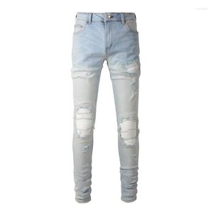 Men's Jeans 6624 Light Blue Ripped Streetwear Distressed Skinny Stretch Destroyed Tie Dye Bandana Ribs Patches Slim Fit