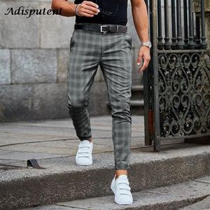 Calças masculinas 2021 Mens Calças Casuais Skinny Stretch Chinos Slim Fit Calça Xadrez Check Male189y