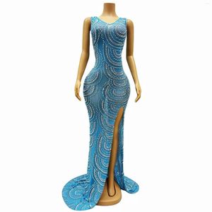 Stage Wear Flash Blue Srebrna Dress Rhinestone Kobiet Dance Mesh Stretch Stretch Urodziny Świętuj luksusowy długi pociąg lanquan