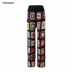 Women's Pants 2023 Women Knitting Stretch Crocheted Trousers Elastic Waist Black Straight Hand Made High Quality