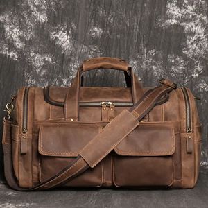 Duffel Bags Retro Brown Men's Hand Luggage Bag Crazy Horse Leather Large Capacity Travel Business Weekend One Shoulder Messenger 231011