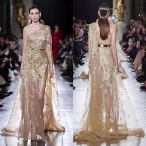 Elie Saab 2019 Sukienki wieczorowe złote aplikacje jedno ramię w długim rękawie sukienki na bal