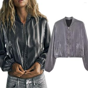 Women's Jackets Maxdutti Autumn British High Street Women Retro Metallic Silver Zipper Bomber Jacket For