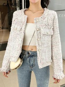 Kvinnorjackor CJFHJE Fashion Spring Women French Högkvalitativ enkelbröst Tweed Woolen Coat Round Neck Long Sleeve Tassel Jacket 231010