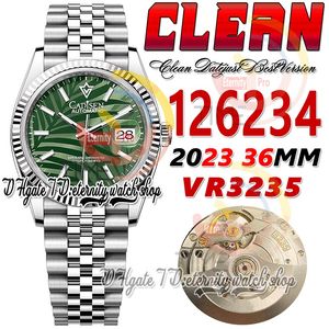 Clean Factory CF 126234 VR3235 Automatisk unisex Watch Mens Woman Watch 36mm Green Palm Motif Stick Dial 904L Jubileesteel Armband Super Edition Eternitywatches