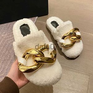Slippers Big Metal chain fur mules female thicken soled fleeces slides winter shoes warm creepers cover toe lambswool slippers women 2021 x1011
