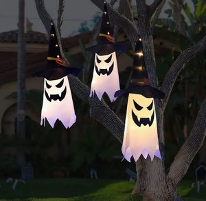 Decorações de Halloween, decoração ao ar livre pendurado iluminado brilhante chapéu de bruxa fantasma decorações de Halloween ornamentos internos externos liberação luz de festa de Halloween