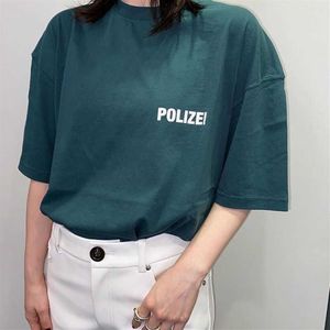 Zakresowa koszulka zielona Vetements Polizei T-shirt mężczyźni kobiety policja tekst drukowania tee haftowany litera vtm tops x0712194n