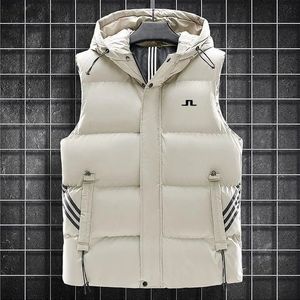 Coletes masculinos jaquetas de golfe colete para homens para baixo algodão à prova de vento quente usar com capuz moda solta jaqueta casacos y231011