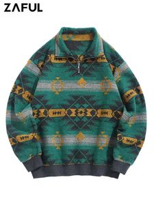 Męskie bluzy bluzy Turtleeck Bluza dla mężczyzn Jacquard Ethic Aztec Pullover Half Zip Contrast Trime Streetwear Z5105879 231010