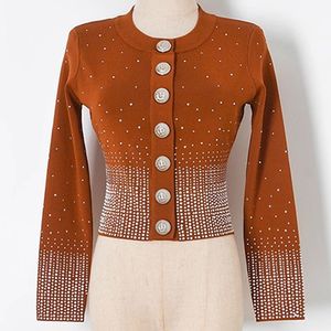 New Designer Women Jackets Long Sleeve Crew Neck Sweater Knitted Beaded Coats Top Female Casual Sexy Slim Outerwear Coat Street Wear