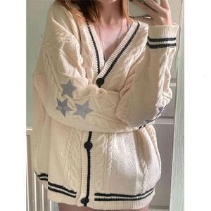 Women's Knits Tees Fashion Warm SwifT Beige Knitted Cardigan Vintage Star Embroidered Single Breasted Sweater Ladies Casual Slight Strech Cardigan 231011