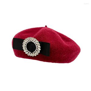 Berets Women Wool Bow Knot Drilling Buckle Style Warm Winter Beanie Hat Luxury Beret Solid Elegant Lady All Matched Autumn Caps