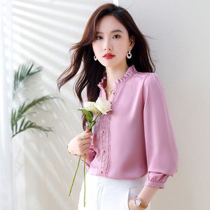 2023 Fashion Stand Collar Pink Blueses Silk Satin Women Designer Runway Lantern Sleeve Vintage Blause Plus Size 2023 Autumn Winter Chic Office Lady Fine Elegant Tops