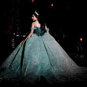 Green Shiny Off The Shoulder Ball Gown Quinceanera Dresses For Girls Sparkly Beaded Flower Birthday Party Gowns Lace Up Back