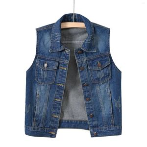 Women's Vests Buttoned Washed Denim Jacket Sleeveless Crop Vest Soild Color Lapel Button Pocket Ladies Coats Style Top