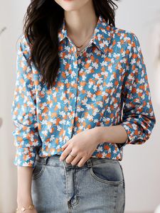 Frauenblusen Qoerlin Frauen gedrucktes Chiffon Shirt Elegant Blue Top Fashion Single-Breasted Shirts Büro Damen koreanische Stil Bluse Frauen