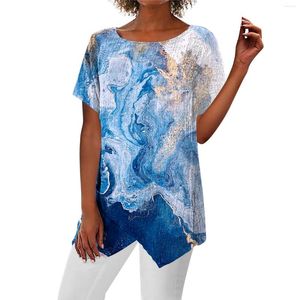 Women's T Shirts Summer Shirt Blue Print Kort ärm Casual Basic Round Neck Oregelbundet Hem T-shirt Kvinnlig kläder 2023