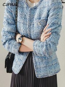 여자 재킷 cjfhje 긴 슬리브 패션 트위드 자켓 여성 스프링 가을 클래식 코트 여성 격자 무늬 블루 느슨한 o-neck 우아한 레이디 재킷 231010