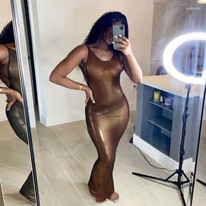Casual Dresses Sexy Spaghetti Straps Shiny Backless Cut Out Bodycon Long Dress Women Party Club Outfits Drop Chinese Factory Supply
