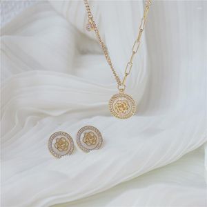 Necklace Earrings Set YIZIZAI Luxury Gold Color Plated Rose Flower Sets For Women Exquisite Zirconia Stud Earring Elegant Wedding