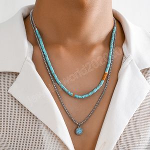 Small Stone Beads Chain with Round Pendant Necklace for Men Trendy Layered Chains on Neck Accessories Fashion Jewelry Gifts